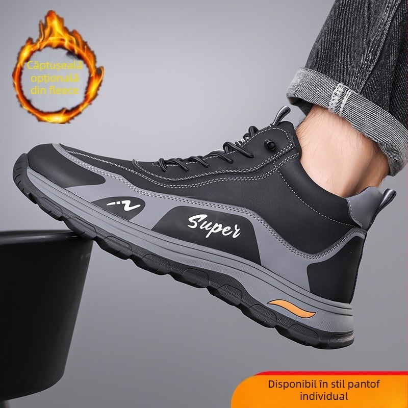 Papuci de interior pentru bărbați, căptușeală groasă din fleece, partea superioară din superfiber, talpă din cauciuc, antiaderanți, călduroase, absorbție de șocuri