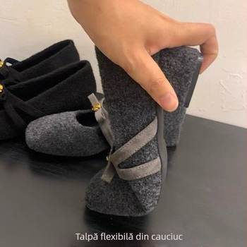 Pantofi femei Mary Jane cu toc gros și vârf drept – partea superioară din velur, căptușeală din blană sintetică scurtă, talpă din cauciuc, căldură de iarnă