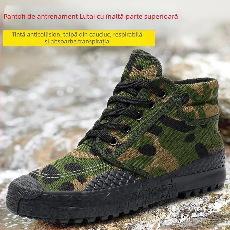 Lutai Pantofi de lucru, toc înalt, partea superioară din pânză, talpă din cauciuc vulcanizat, vârf din piele, model camuflaj