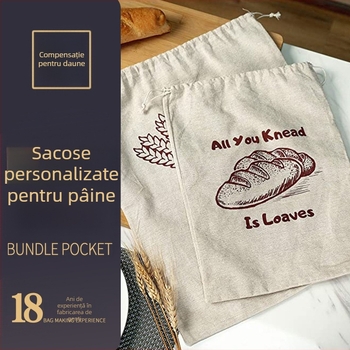 Sac de baghetă reutilizabil cu șnur, din in și bumbac, pentru ambalarea pâinii; imprimare logo disponibilă; etichetă privată licențiată