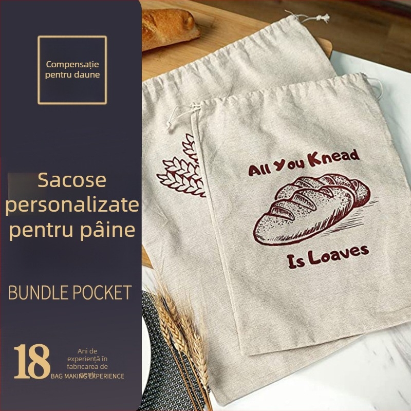 Sac de baghetă reutilizabil cu șnur, din in și bumbac, pentru ambalarea pâinii; imprimare logo disponibilă; etichetă privată licențiată