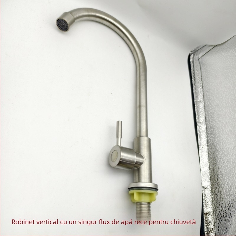 Robinet de bucătărie din oțel inoxidabil satinat, vertical, cu o singură manetă și gaură unică, cu furtun, model LS-11, miez ceramic, 0-90°C, 10 MPa