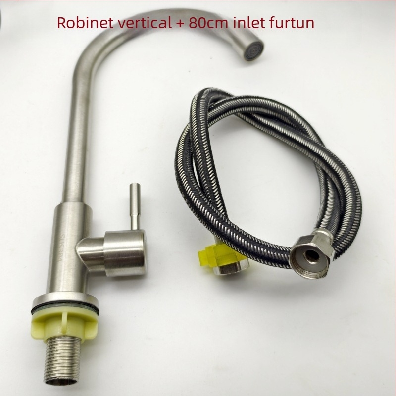 Robinet de bucătărie din oțel inoxidabil satinat, vertical, cu o singură manetă și gaură unică, cu furtun, model LS-11, miez ceramic, 0-90°C, 10 MPa