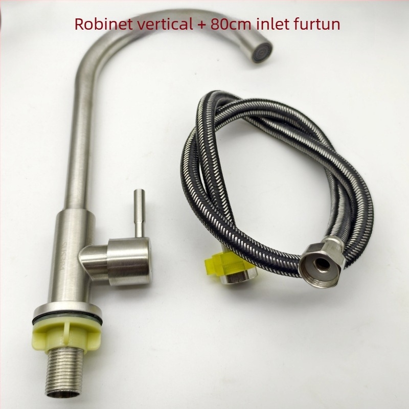 Robinet de bucătărie din oțel inoxidabil satinat, vertical, cu o singură manetă și gaură unică, cu furtun, model LS-11, miez ceramic, 0-90°C, 10 MPa