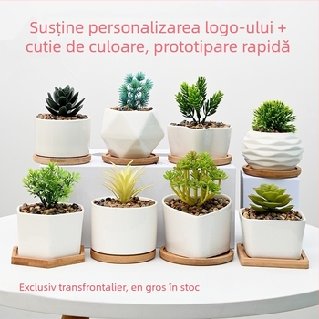 Ghiveci ceramic cu imprimare a logo-ului; design simplu din porțelan; pentru birou sau podea; producție semi-artizanală.