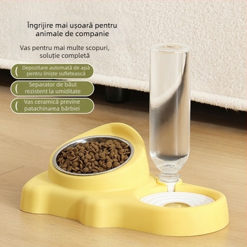Hrănitor cu două boluri pentru pisici — cu apă și hrană integrate, plastic, origine Zhejiang, marcă Jiawang yimiao