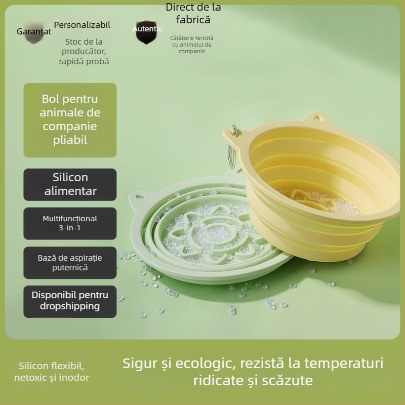 Vas pliabil din silicon pentru pisici cu ventuză, hranire lentă, capacitate mare, multifuncțional