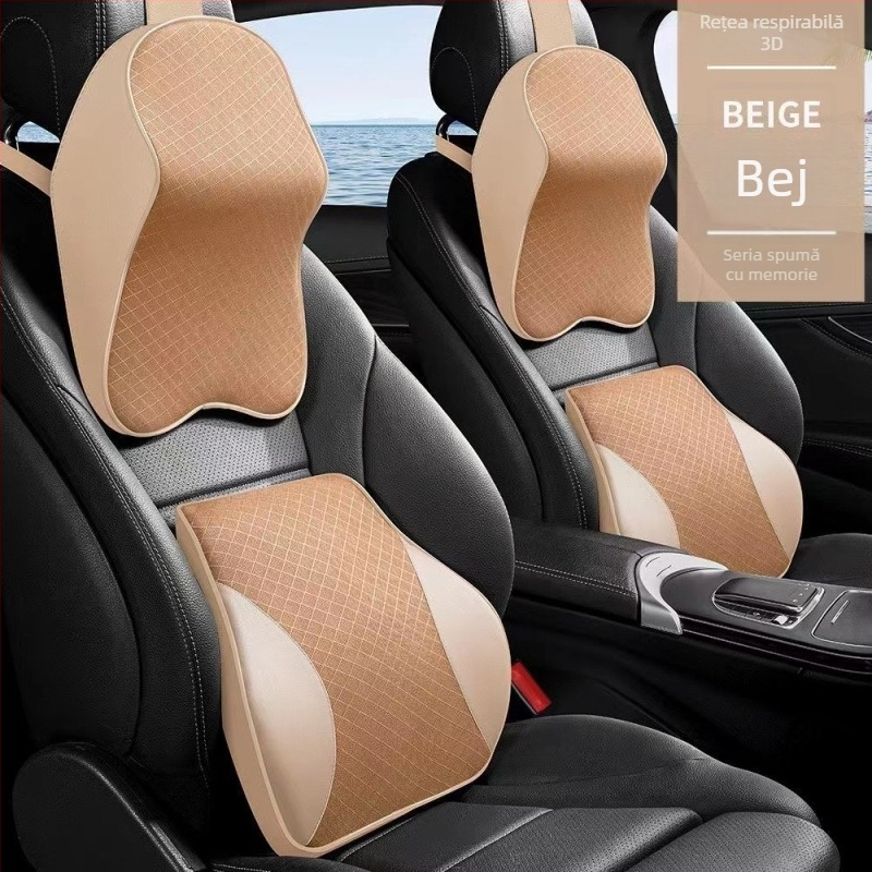 Pernă de gât pentru mașină Evans cu memorie de formă, plasă respirabilă, suport lombar – piele artificială, potrivire universală