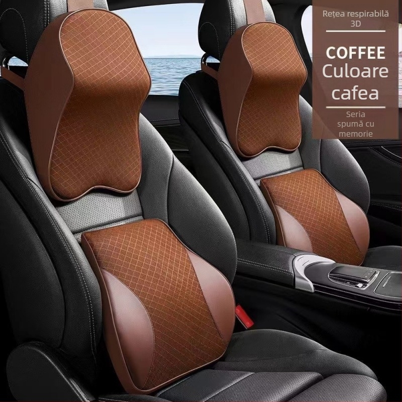 Pernă de gât pentru mașină Evans cu memorie de formă, plasă respirabilă, suport lombar – piele artificială, potrivire universală