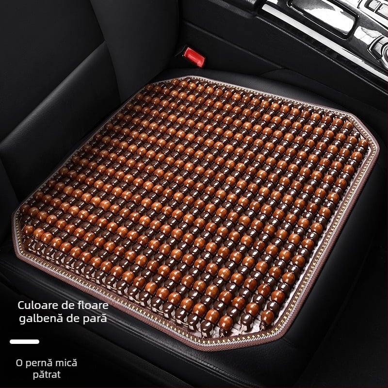 Pernă de scaun auto, monobloc pătrat din mărgele de lemn, pentru banchetă din spate, respirabilă și antiderapantă.