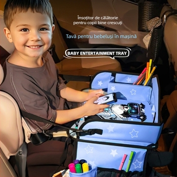 Tavă de călătorie pentru copii în mașină – masă pliabilă pentru genunchi și tablă de desen, montaj prin click, multifuncțională pentru scaunul auto