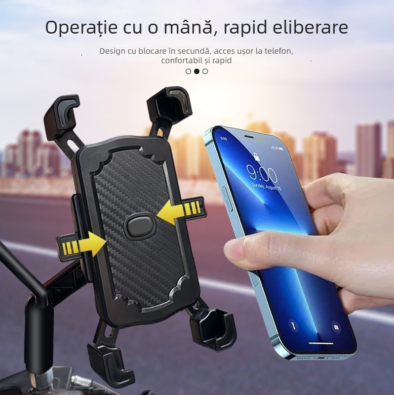 Suport pentru telefon pentru motocicletă și bicicletă, clemă cu patru brațe, rotativ, din ABS plastic, compatibil cu oglinda retrovizoare și ghidon, antivibrații