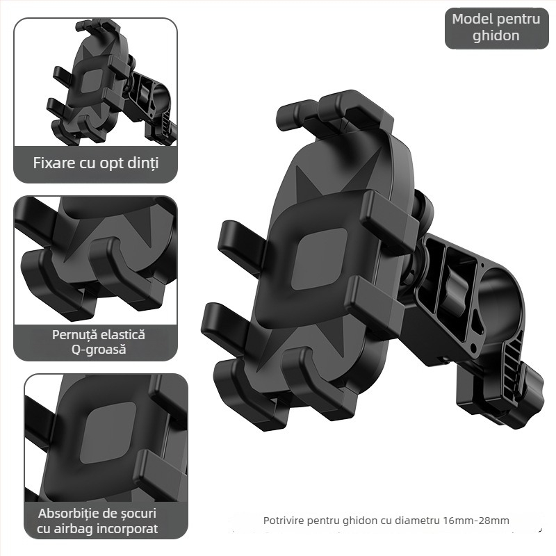 Suport pentru telefon pentru motocicletă și bicicletă, clemă cu patru brațe, rotativ, din ABS plastic, compatibil cu oglinda retrovizoare și ghidon, antivibrații
