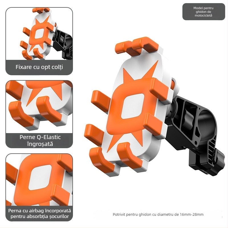 Suport pentru telefon pentru motocicletă și bicicletă, clemă cu patru brațe, rotativ, din ABS plastic, compatibil cu oglinda retrovizoare și ghidon, antivibrații