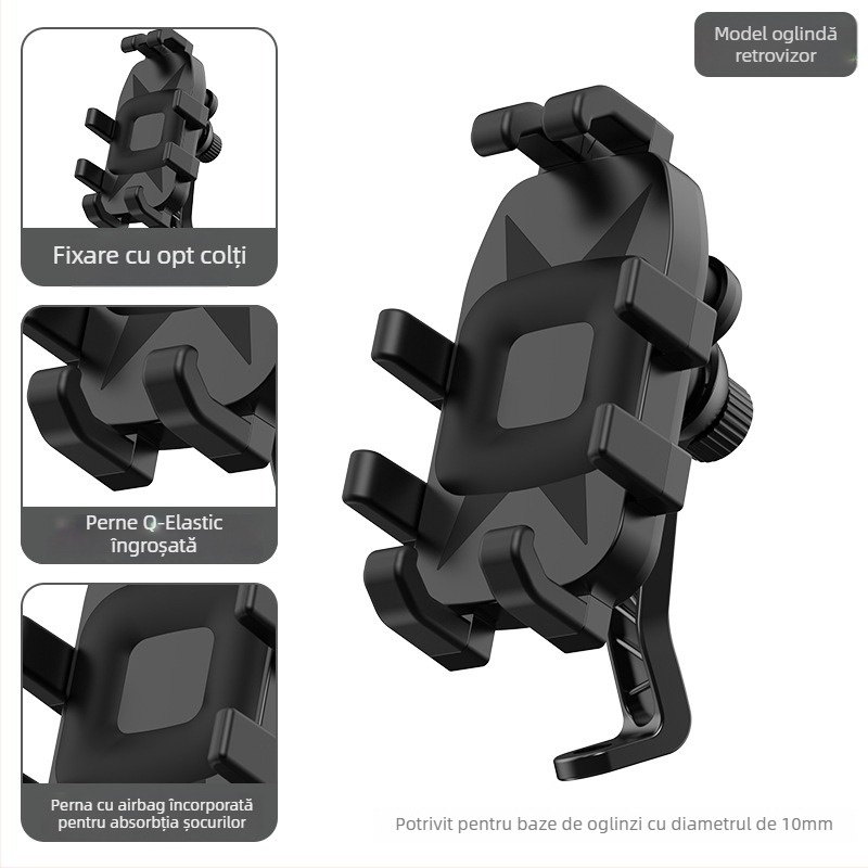 Suport pentru telefon pentru motocicletă și bicicletă, clemă cu patru brațe, rotativ, din ABS plastic, compatibil cu oglinda retrovizoare și ghidon, antivibrații