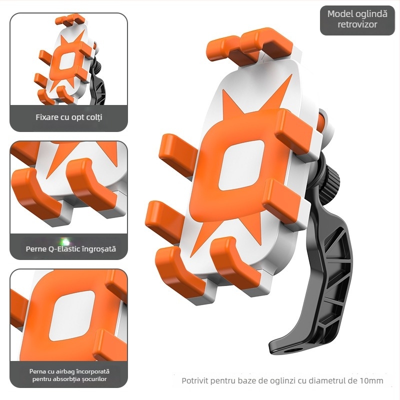 Suport pentru telefon pentru motocicletă și bicicletă, clemă cu patru brațe, rotativ, din ABS plastic, compatibil cu oglinda retrovizoare și ghidon, antivibrații