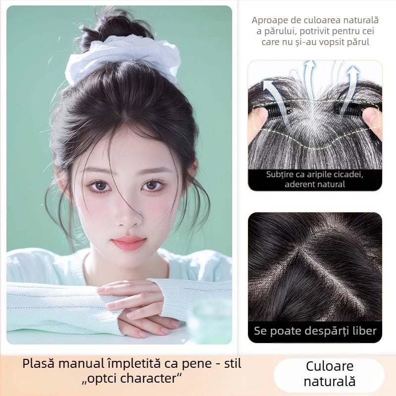 Piesă de păr cu breton – păr uman, țesut manual, drept, poate fi vopsită și compatibilă cu permamentul