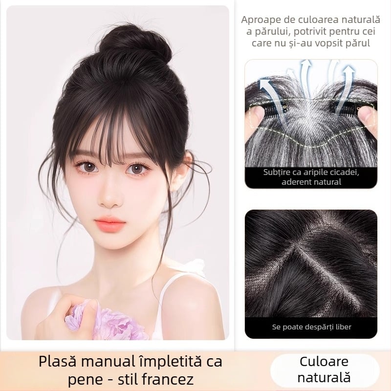 Piesă de păr cu breton – păr uman, țesut manual, drept, poate fi vopsită și compatibilă cu permamentul