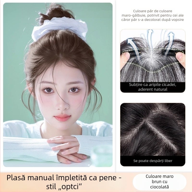 Piesă de păr cu breton – păr uman, țesut manual, drept, poate fi vopsită și compatibilă cu permamentul