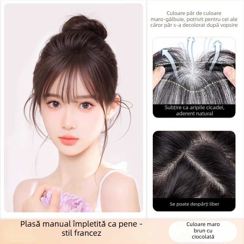 Piesă de păr cu breton – păr uman, țesut manual, drept, poate fi vopsită și compatibilă cu permamentul