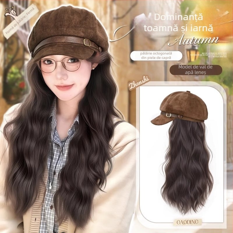 Perucă cu șapcă pentru femei, stil beret, bucle în valuri de apă, fără breton, fir rezistent la temperaturi înalte, mecanism de fabricație, conferă volum părului