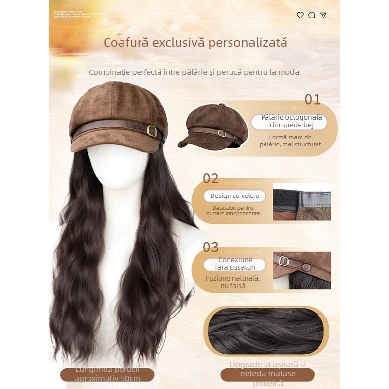 Perucă cu șapcă pentru femei, stil beret, bucle în valuri de apă, fără breton, fir rezistent la temperaturi înalte, mecanism de fabricație, conferă volum părului