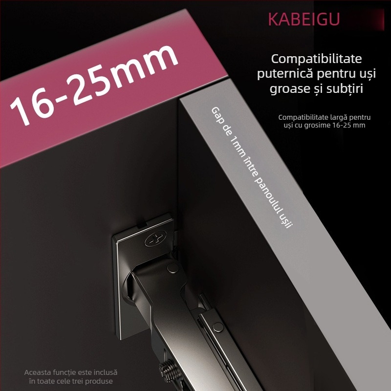 Ușă de garderobă cu balama amortizatoare în trei secțiuni, mecanism hidraulic reglabil, model CG-T9, oțel laminat la rece, grosime 1 mm, finisaj electroplacat