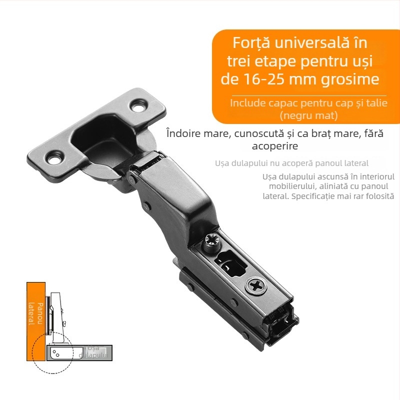 Ușă de garderobă cu balama amortizatoare în trei secțiuni, mecanism hidraulic reglabil, model CG-T9, oțel laminat la rece, grosime 1 mm, finisaj electroplacat