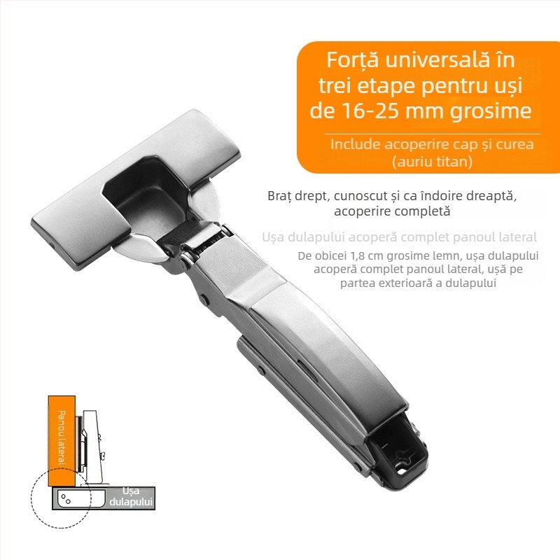 Ușă de garderobă cu balama amortizatoare în trei secțiuni, mecanism hidraulic reglabil, model CG-T9, oțel laminat la rece, grosime 1 mm, finisaj electroplacat