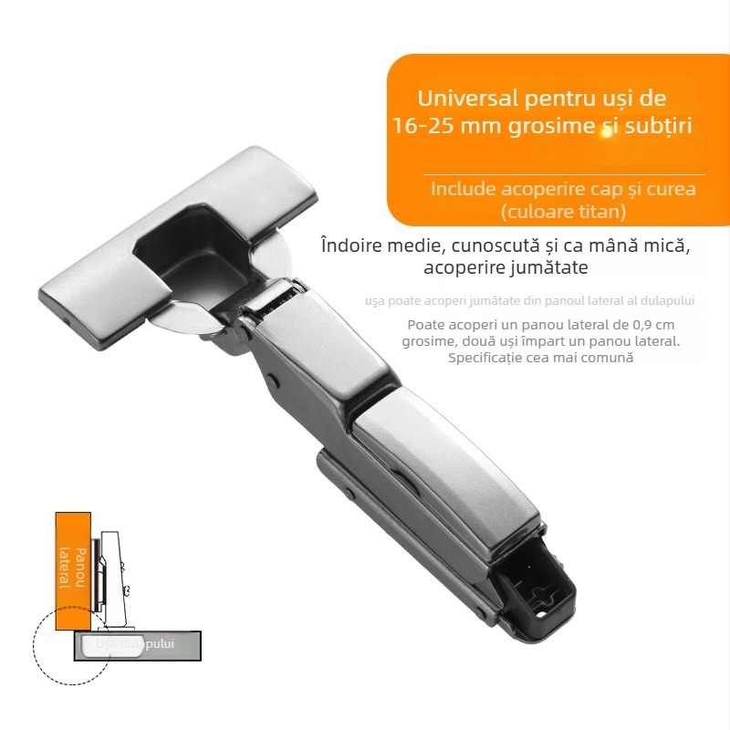 Ușă de garderobă cu balama amortizatoare în trei secțiuni, mecanism hidraulic reglabil, model CG-T9, oțel laminat la rece, grosime 1 mm, finisaj electroplacat