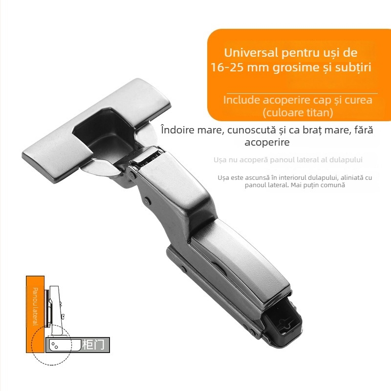 Ușă de garderobă cu balama amortizatoare în trei secțiuni, mecanism hidraulic reglabil, model CG-T9, oțel laminat la rece, grosime 1 mm, finisaj electroplacat