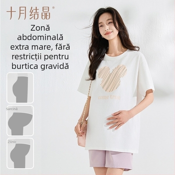 Top maternitate, 95%+ bumbac, guler rotund, maneca scurta, lungime medie 65–80 cm