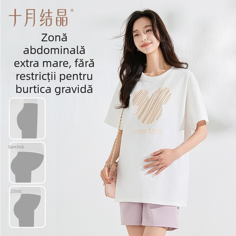 Top maternitate, 95%+ bumbac, guler rotund, maneca scurta, lungime medie 65–80 cm