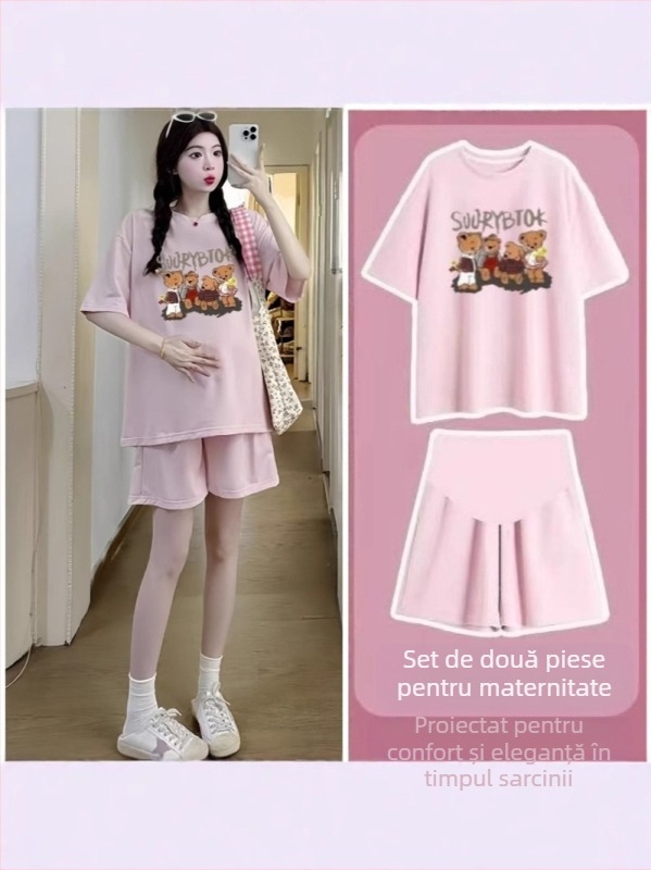 Set maternitate din două piese: șorturi și tricou pentru vară, imprimeu anime, mâneci 3/4, material poliester-blend cu elastan