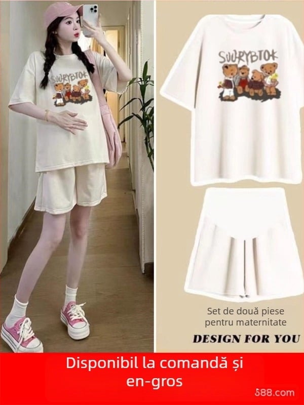 Set maternitate din două piese: șorturi și tricou pentru vară, imprimeu anime, mâneci 3/4, material poliester-blend cu elastan