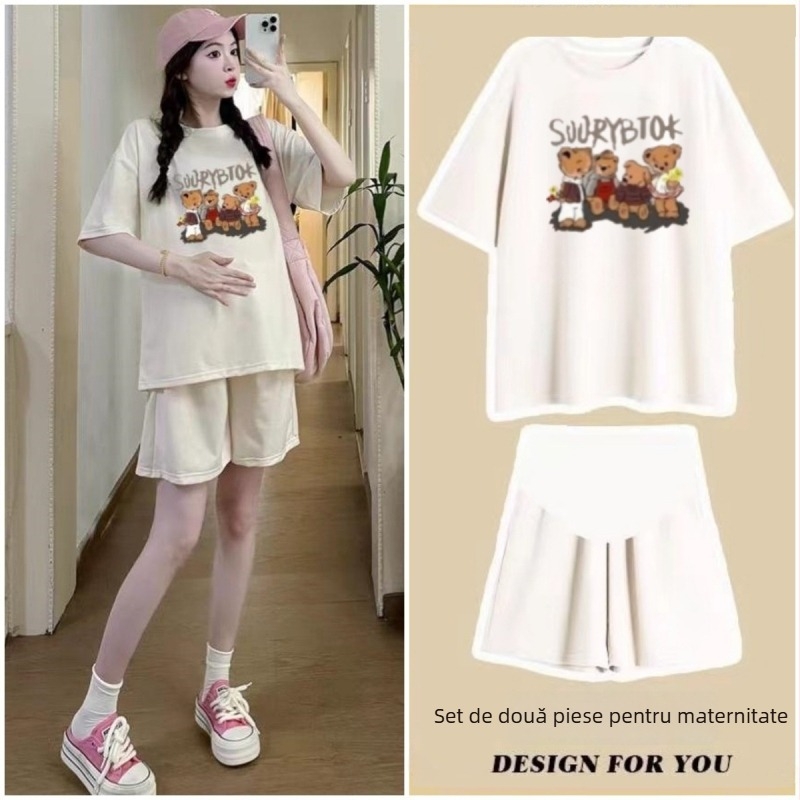 Set maternitate din două piese: șorturi și tricou pentru vară, imprimeu anime, mâneci 3/4, material poliester-blend cu elastan