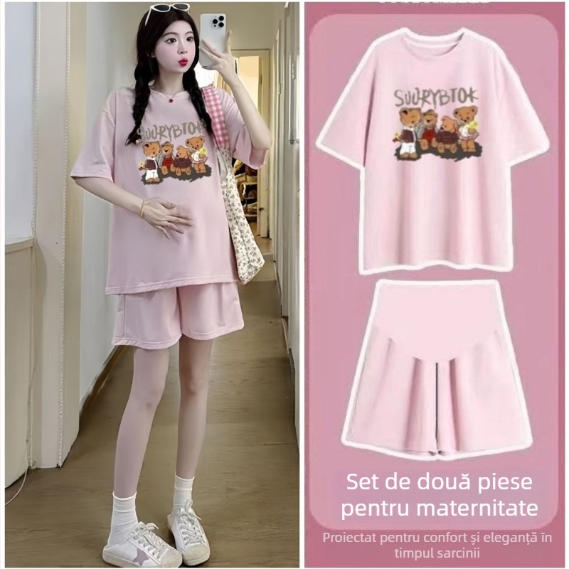 Set maternitate din două piese: șorturi și tricou pentru vară, imprimeu anime, mâneci 3/4, material poliester-blend cu elastan