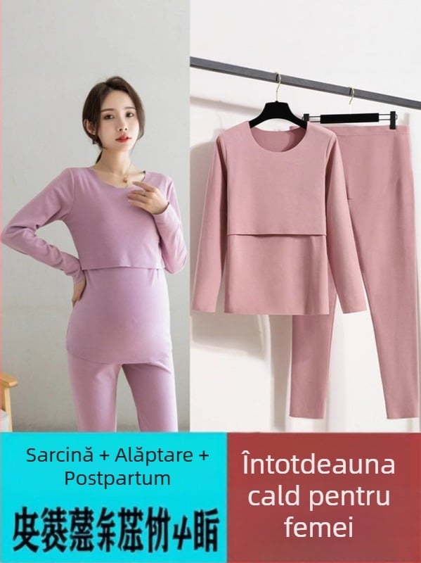 Set termic de maternitate din De Rong pentru toamnă și iarnă – mâneci lungi, deschidere pentru alăptare, 90–95% poliester, până la 30% spandex