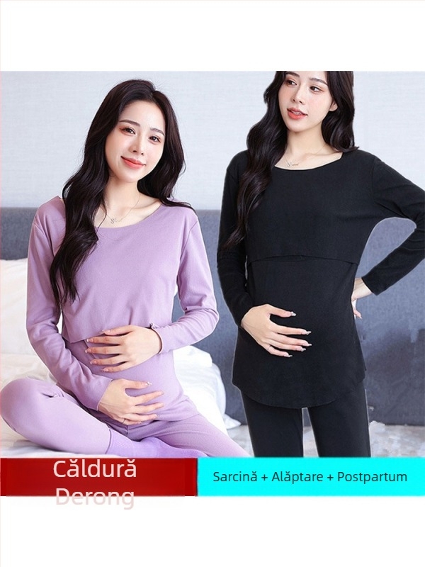 Set termic de maternitate din De Rong pentru toamnă și iarnă – mâneci lungi, deschidere pentru alăptare, 90–95% poliester, până la 30% spandex