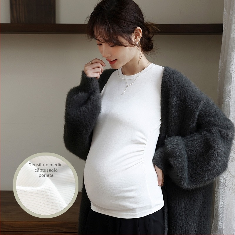 Top de maternitate – stil coreean, elasticitate înaltă, guler rotund, mâneci lungi