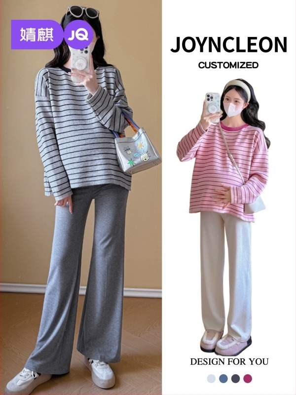 Tricou de mămică cu mânecă lungă în dungi, croială lejeră, guler rotund, material viscose, lungime standardă (50–65 cm)