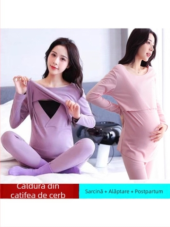 Set termic maternitate, toamnă-iarnă, cu deschidere pentru alăptare, mâneci lungi, poliester-spandex, țesătură vopsită prin fire