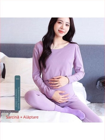 Set termic maternitate, toamnă-iarnă, cu deschidere pentru alăptare, mâneci lungi, poliester-spandex, țesătură vopsită prin fire