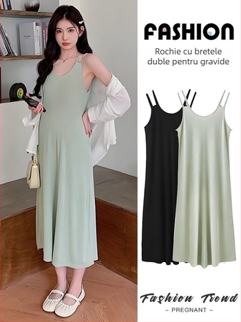 Rochie de maternitate cu bretele, fără mâneci, lungă, material poliester cu elastan