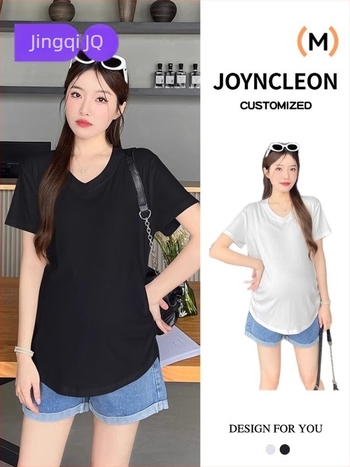 Top de maternitate cu mâneci scurte, decolteu în V, croi larg, bumbac 90–95%, lungime medie