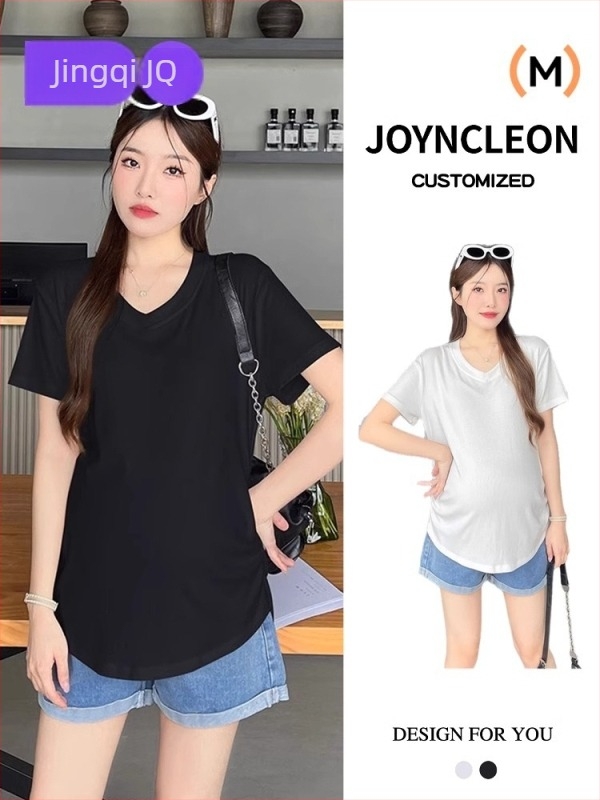 Top de maternitate cu mâneci scurte, decolteu în V, croi larg, bumbac 90–95%, lungime medie