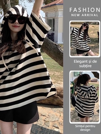 Set de două piese pentru gravide, vară, cu glugă, tricou în dungi, mâneci scurte, croială lejeră, bumbac 95%+