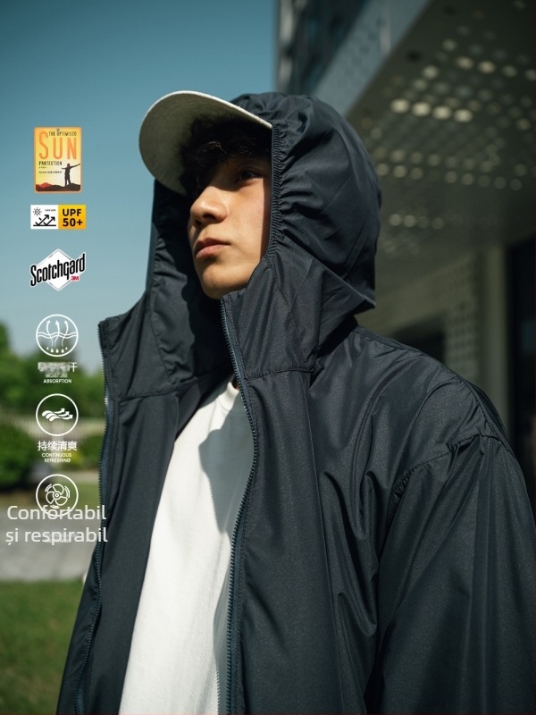 Jachetă cu glugă pentru vară – Stil Japonez Retro, UPF50+ protecție solară, poliester ușor, mai multe buzunare, fermoar