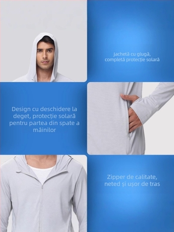 Geacă de vară pentru bărbați, protecție UV, cu glugă, material amestec nylon, 90% poliester / 10% spandex, buzunare laterale, închidere cu fermoar, SPF 50+