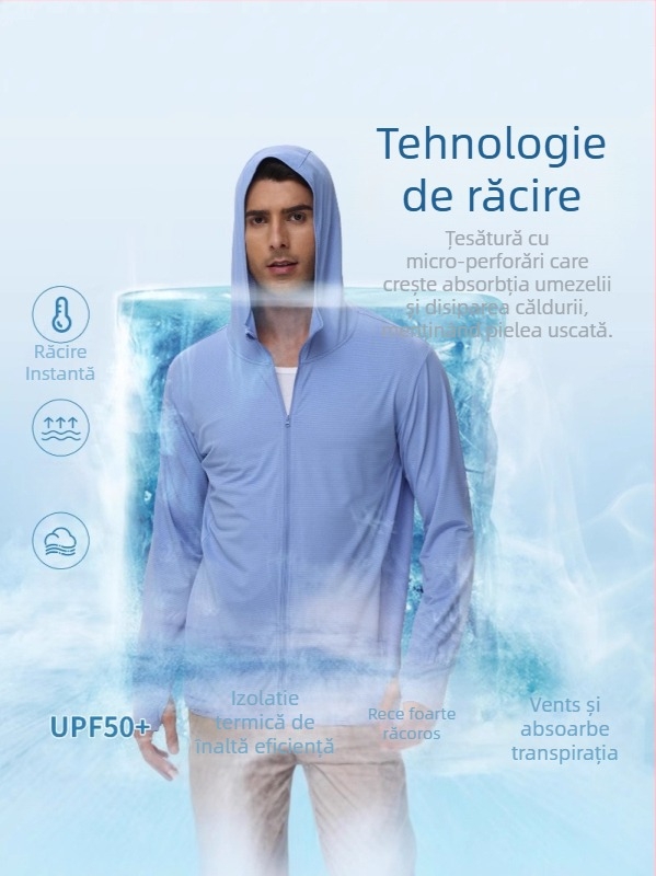 Geacă de vară pentru bărbați, protecție UV, cu glugă, material amestec nylon, 90% poliester / 10% spandex, buzunare laterale, închidere cu fermoar, SPF 50+